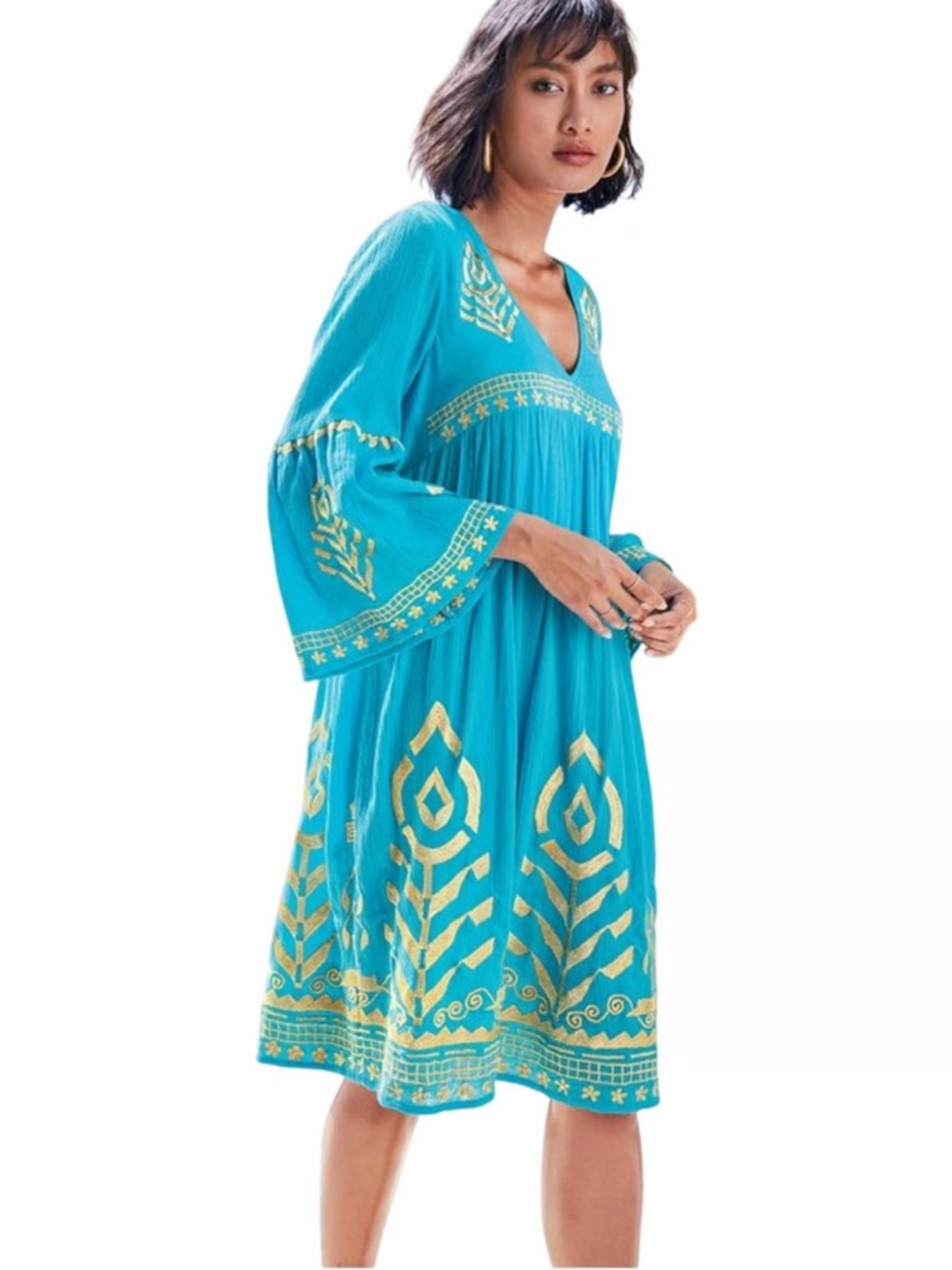 Soft Surroundings Zaneta Turquoise Blue Gold Embroidered Dress 1X Pullover Flowy